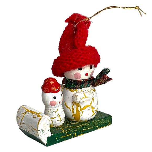 Vintage Wooden Snowmen Sledding Christmas Ornament - Picture 3 of 10